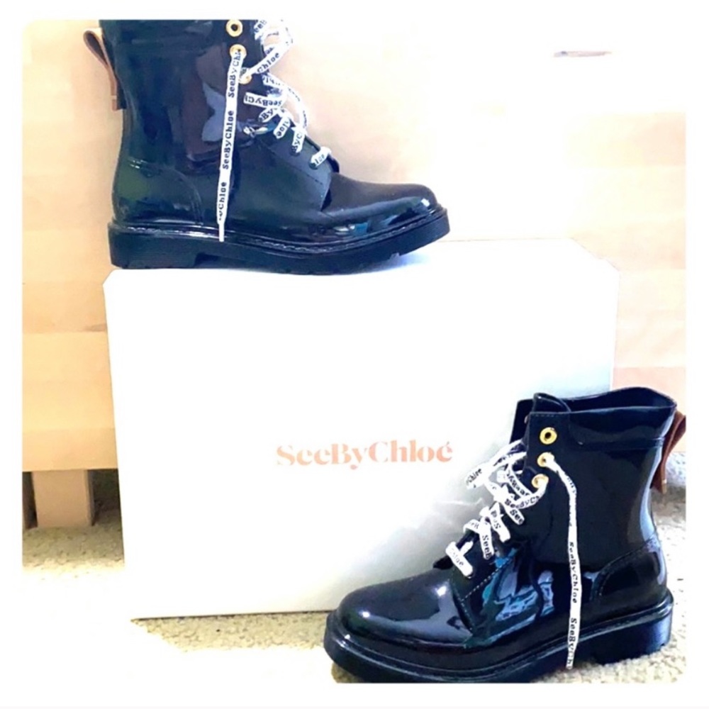 Chloe Black Patent Combat Boots